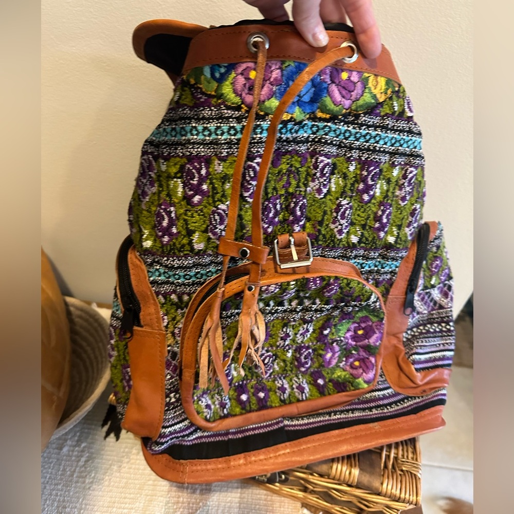 Embroidered and Leather Artisan Backpack - Picture 2 of 7